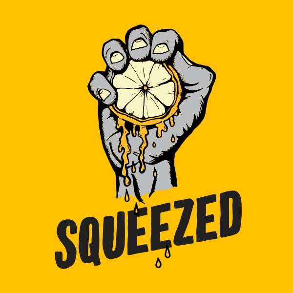 A hand squeezing a lemon, on a yellow background