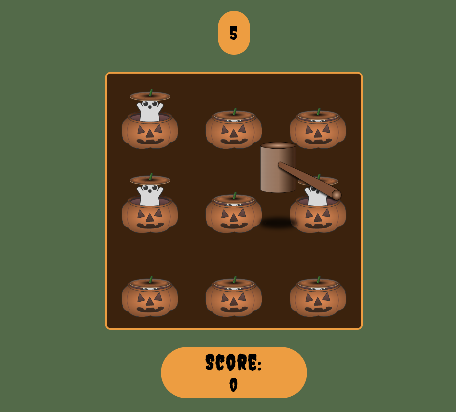 Ghosts popping out of pumpkins on a brown pumpkin patch with a green background
